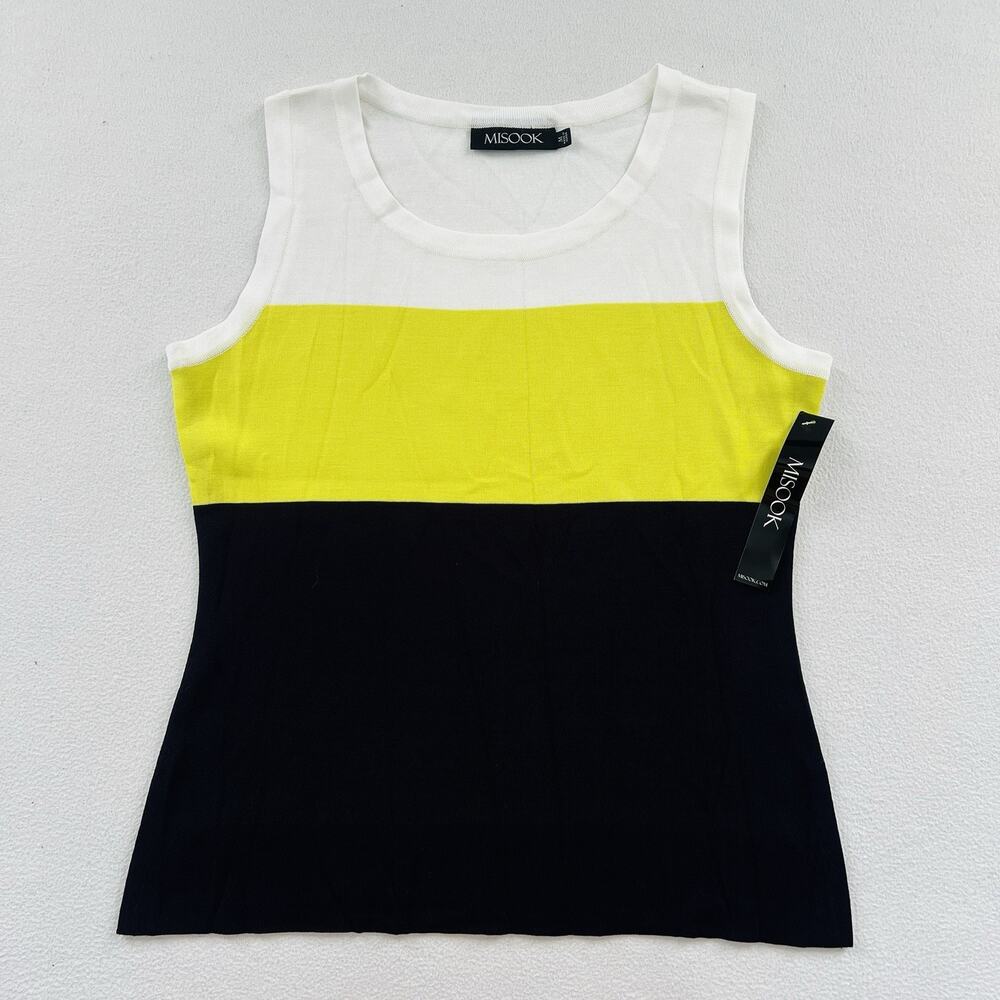 NWT Misook White Chartreuse Navy Color Block Knit Sleeveless Shell Tank Top M
